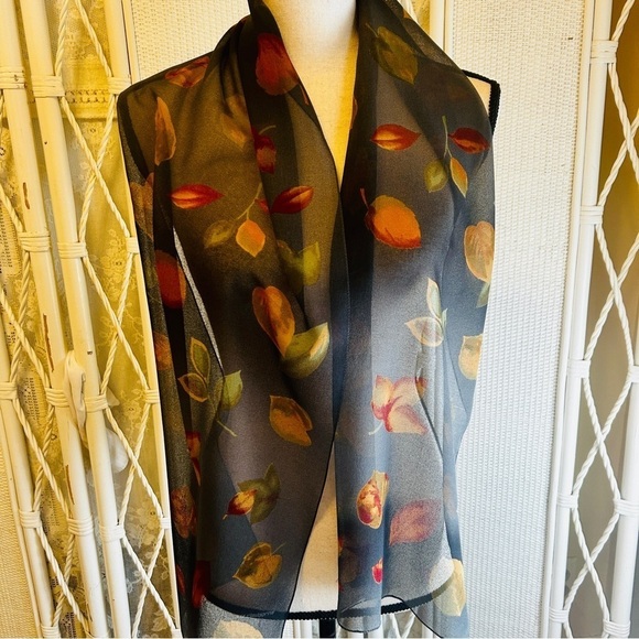Vintage Oblong Scarf Grey Yellow Rust Leaf Print Liz Claiborne VTG 1990s - Picture 6 of 10